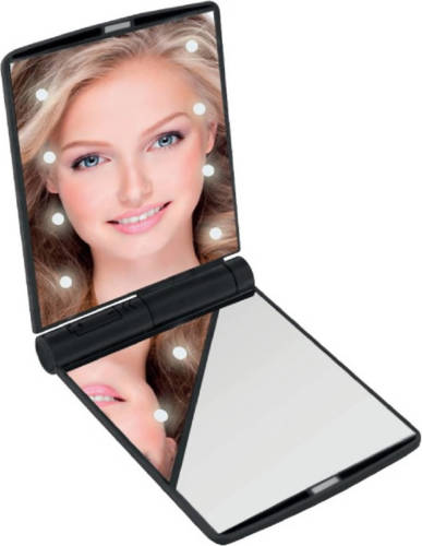 Benson LED Make-up spiegel/handspiegel/zakspiegel - zwart - 11,5 x 8,5 cm - dubbelzijdig - Make-up spiegeltjes