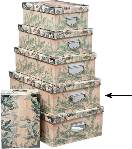 5five Opbergdoos/box - 2x - Green leafs print op hout - L44 x B31 x H15 cm - Stevig karton - Leafsbox - Opbergbox