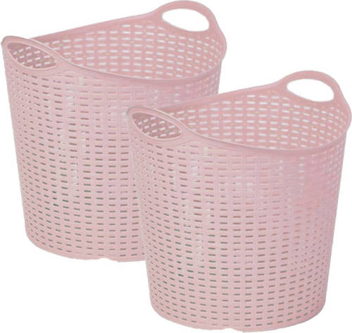 Forte Plastics Plasticforte Gevlochten wasmand/opbergmand - 2x - flexibel - roze - 27 liter - rond - kunststof - Wasmanden