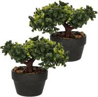 H&S Collection Kunstplant Bonsai boompje in pot - 2x - Japans decoratie - 19 cm - Type Bright - Kunstplanten