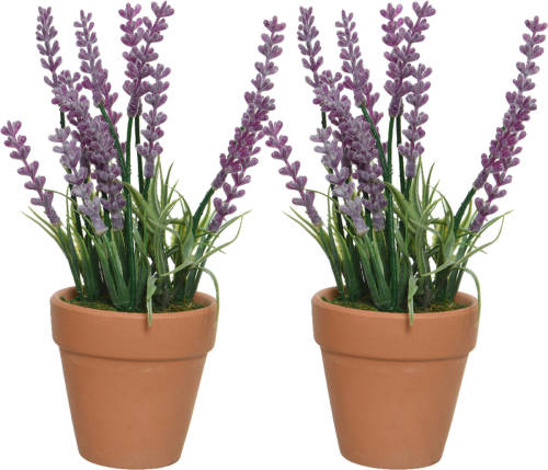 Everlands 2x lavendel kunstplant in terracotta pot - paars - D6 x H18 cm - Kunstplanten