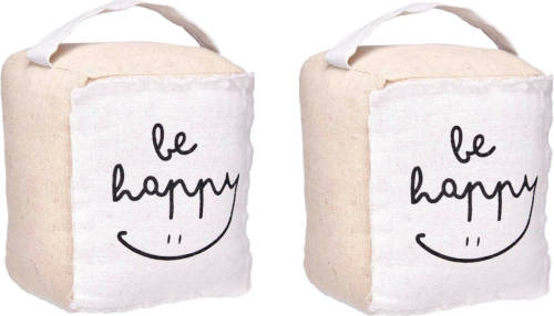 Giftdeco r Deurstopper - 2x - 1 kilo - beige - canvas - Be happy - 14,5 x 16 x 19 cm - Deurstoppers