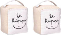 Giftdeco r Deurstopper - 2x - 1 kilo - beige - canvas - Be happy - 14,5 x 16 x 19 cm - Deurstoppers