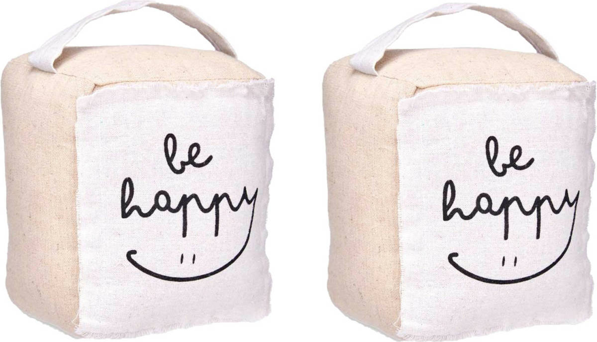Giftdeco r Deurstopper - 2x - 1 kilo - beige - canvas - Be happy - 14,5 x 16 x 19 cm - Deurstoppers