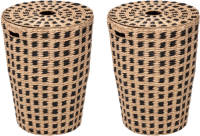 5five Wasmanden gevlochten Riet - 2x - beige/zwart - 64 liter - 33 x 33 x 53 cm - met deksel - Wasmanden