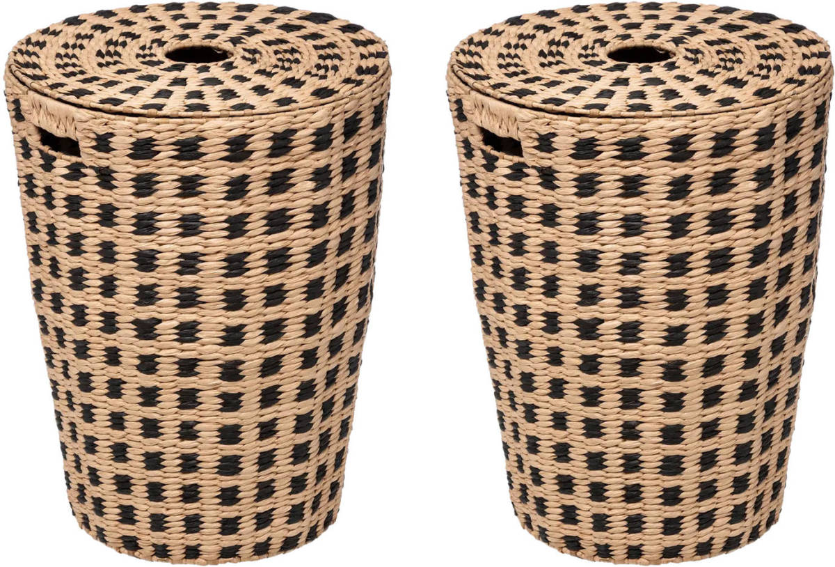 5five Wasmanden gevlochten Riet - 2x - beige/zwart - 64 liter - 33 x 33 x 53 cm - met deksel - Wasmanden