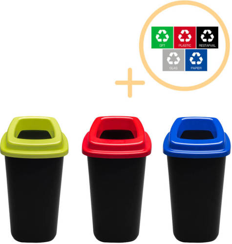 Plafor Sort Bin Prullenbak 28L - Set van 3 - Blauw/Groen/Rood + Sticker Set