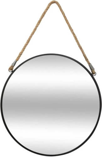 Atmosphera Spiegel/wandspiegel rond D55 cm metaal zwart met touw - Spiegels