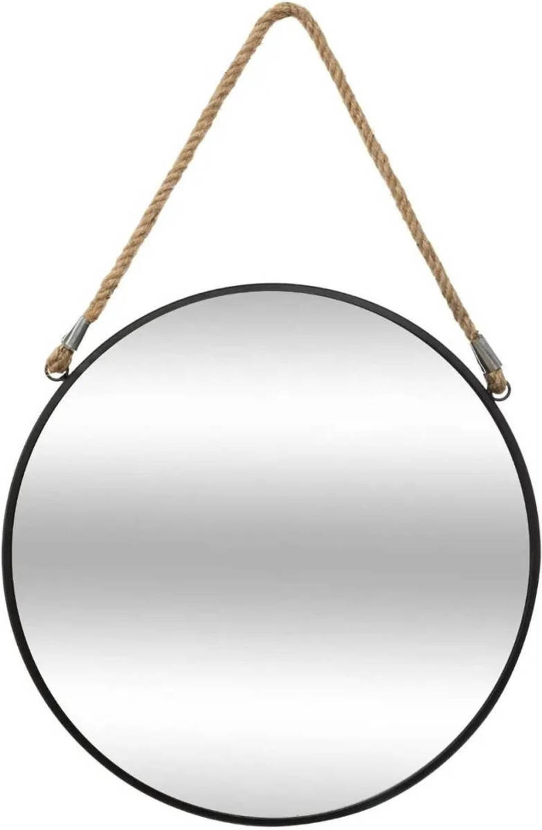 Atmosphera Spiegel/wandspiegel rond D55 cm metaal zwart met touw - Spiegels