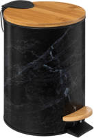 5five Prullenbak/pedaalemmer Marmer look - zwart - 3 liter - metaal/bamboe - 17 x 25 cm - Pedaalemmers