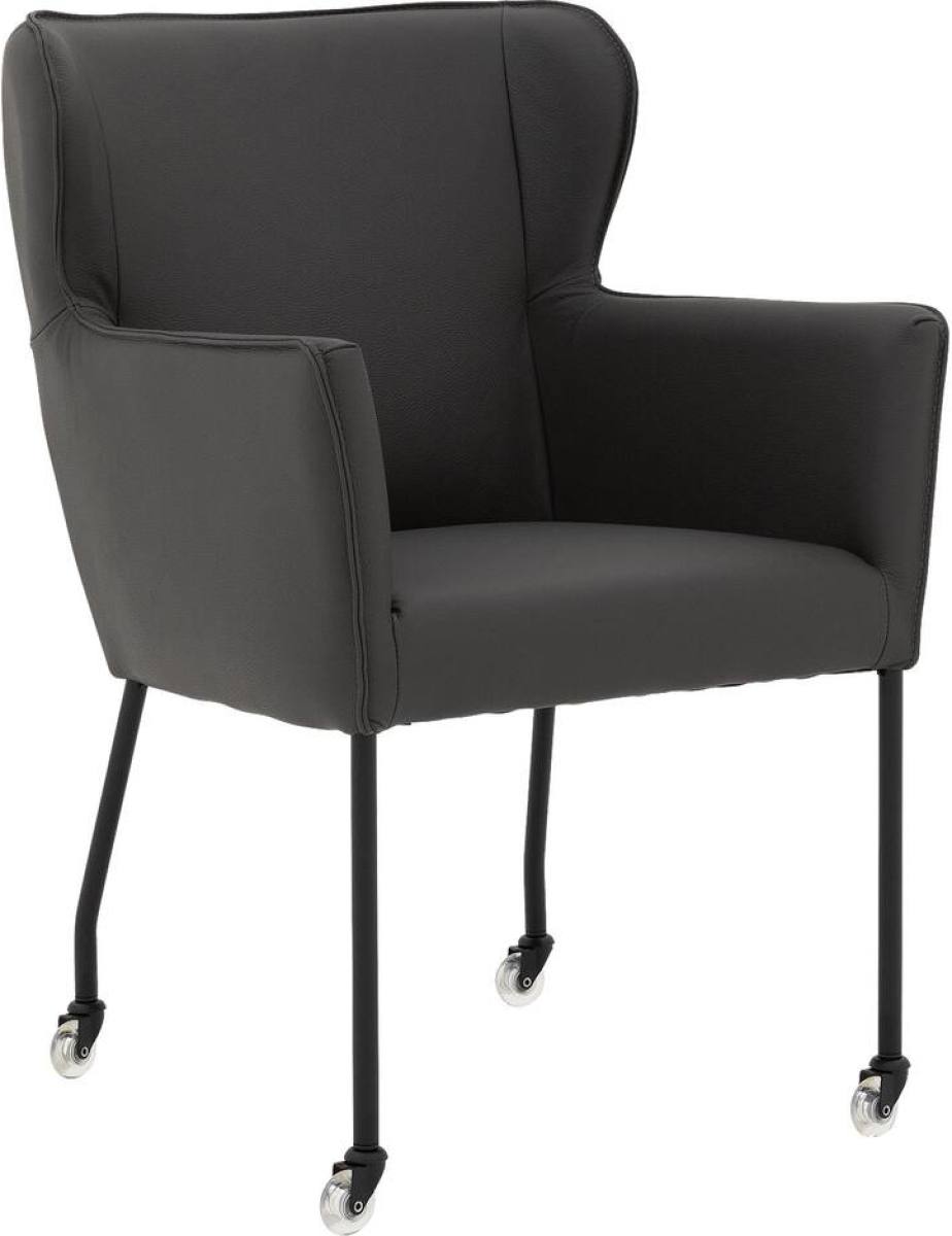 Goossens Excellent Eetkamerstoel Leogang donkergrijs leer met armleuning en met wielen, elegant chic