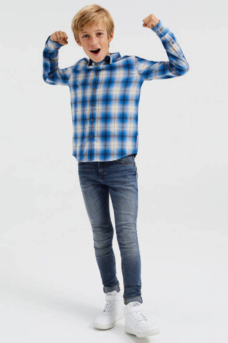 WE Fashion geruit overhemd blauw/wit/bruin