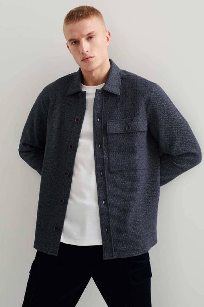 WE Fashion gemêleerd gebreid regular fit overshirt donkerblauw