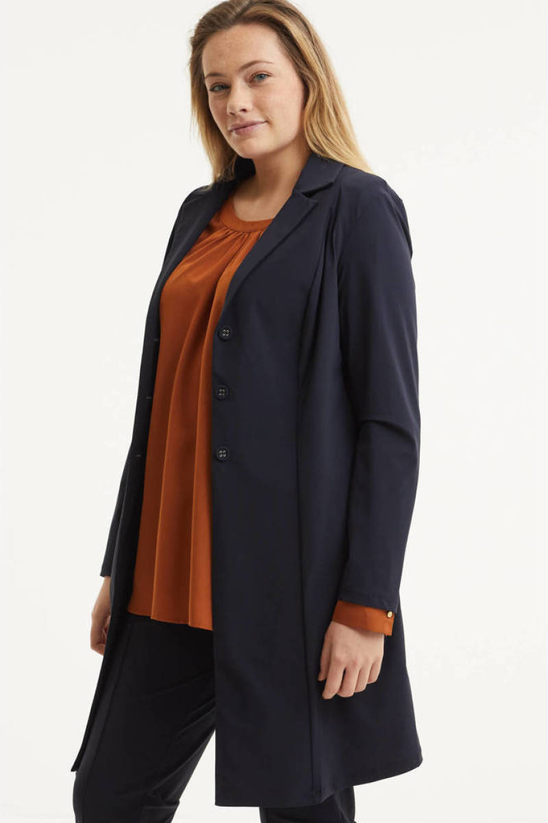 Plus Basics lange blazer van travelstof donkerblauw