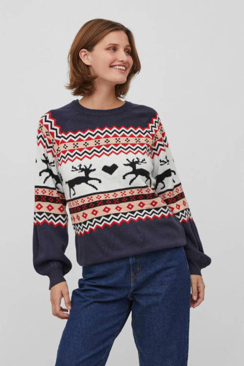 VILA gebreide kersttrui VIHOLIDAY donkerblauw/rood/wit
