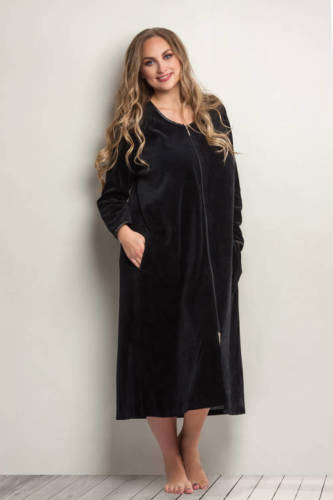 Plaisir +size velours badjas met ritssluiting zwart