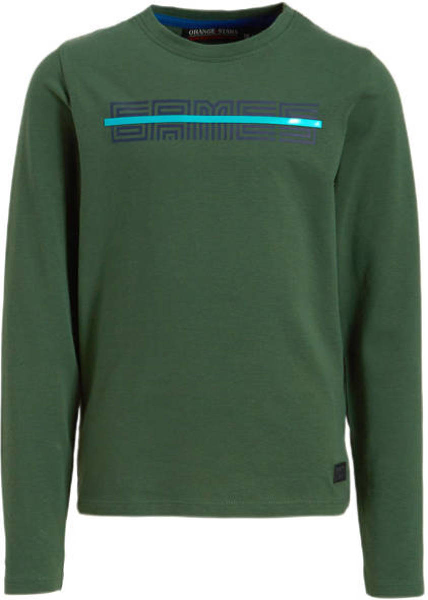 Orange Stars longsleeve Niek met tekstopdruk groen