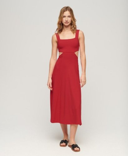 Superdry Vrouwen Jersey Midi-jurk met Uitsnijding Rood Grootte: 36