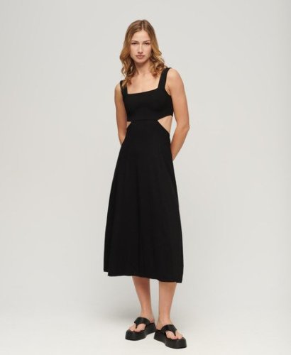 Superdry Vrouwen Jersey Midi-jurk met Uitsnijding Zwart Grootte: 38
