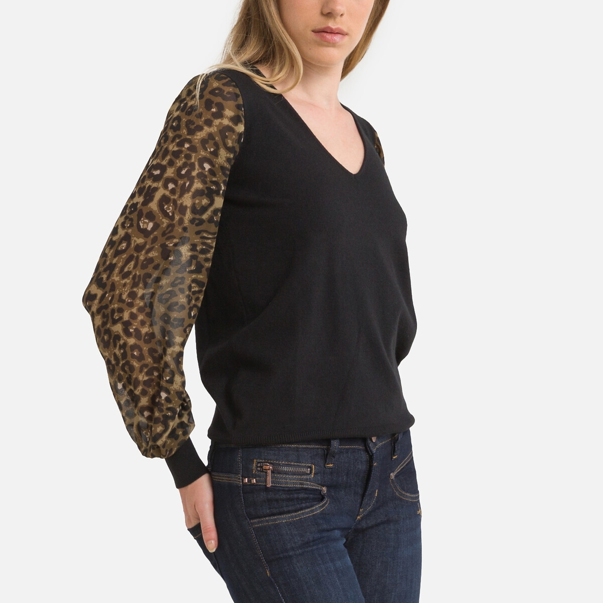 Freeman T. Porter trui met V-hals, mouwen met luipaardprint