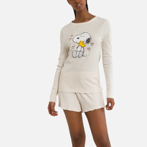 Geribde pyjashort met lange mouwen Snoopy
