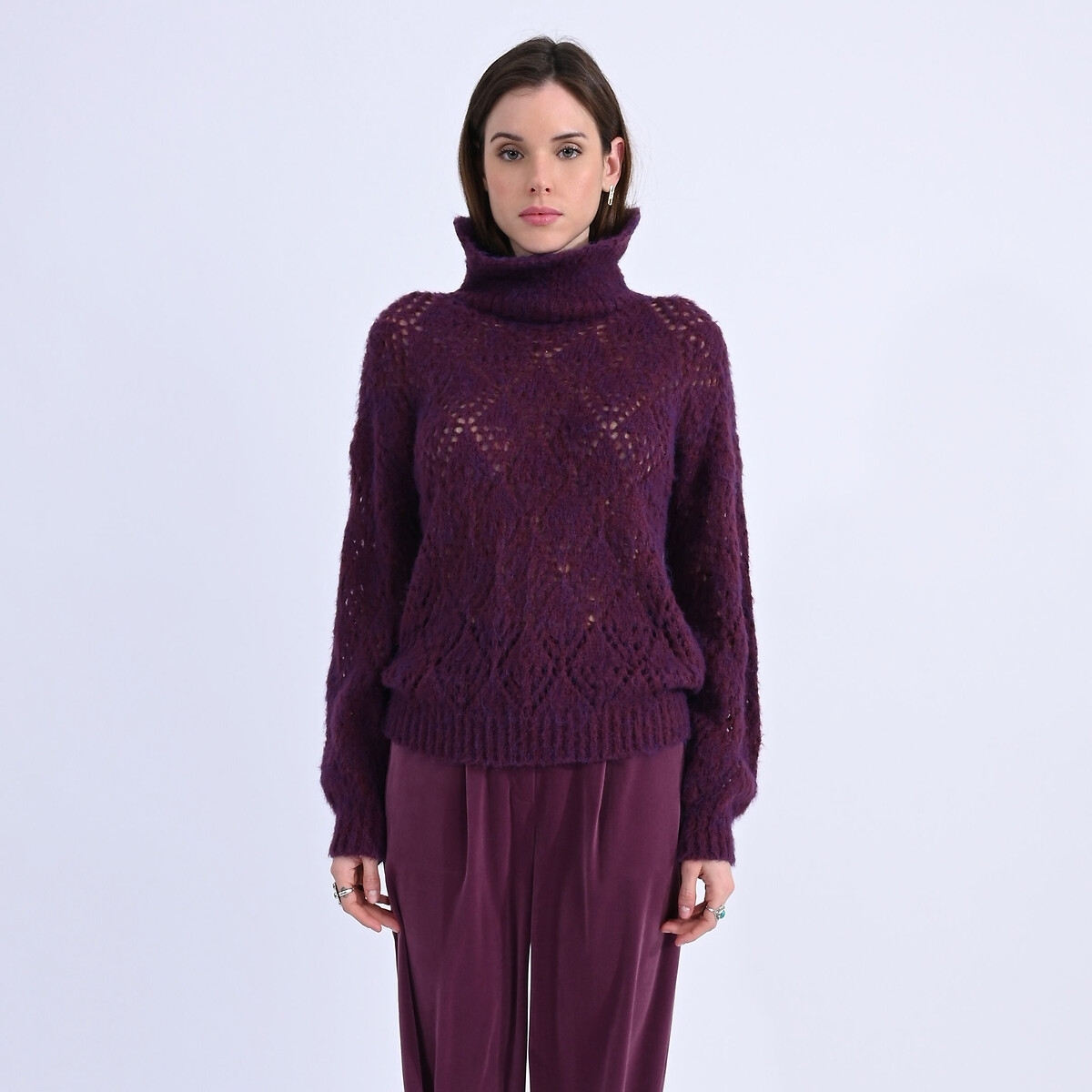 Molly Bracken Trui met rolkraag, in ajour tricot
