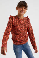 WE Fashion longsleeve met zebraprint en ruches bruin/oranje/zwart