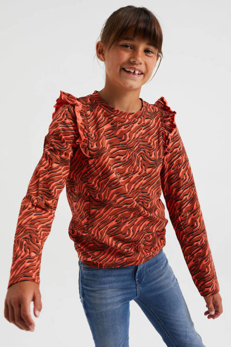 WE Fashion longsleeve met zebraprint en ruches bruin/oranje/zwart