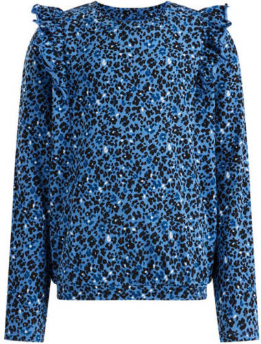 WE Fashion longsleeve met all over print en ruches blauw/wit/zwart