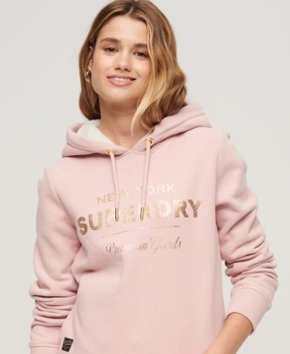 Superdry hoodie LUXE METALLIC LOGO HOODIE met printopdruk roze