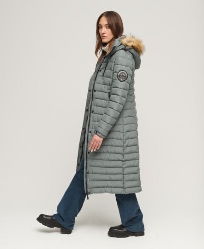 Superdry gewatteerde jas FUJI HOODED LONGLINE PUFFER grijs