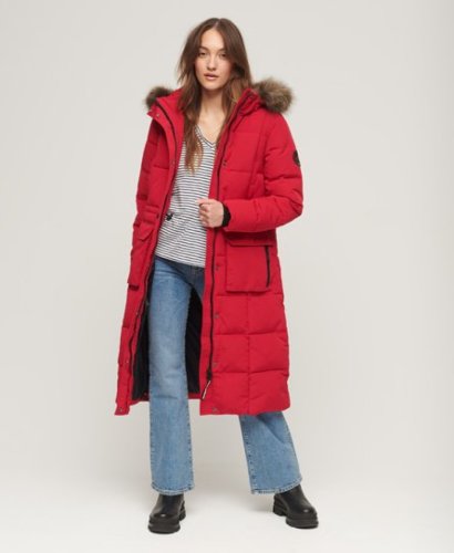 Superdry gewatteerde jas EVEREST LONGLINE PUFFER rood