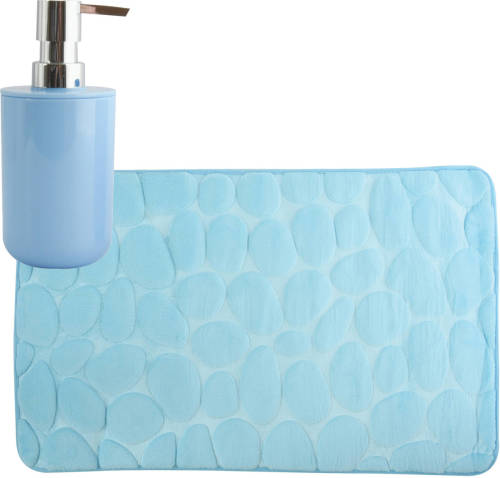 MSV badkamer droogloop mat/tapijt Kiezel - 50 x 80 cm - zelfde kleur zeeppompje - lichtblauw - Badmatjes