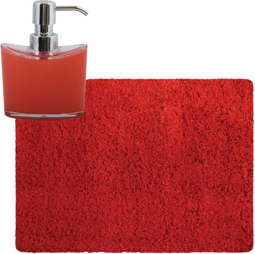 MSV badkamer droogloop tapijt - Langharig - 50 x 70 cm - incl zeeppompje 260 ml - rood - Badmatjes