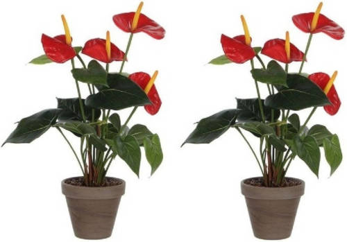 Mica Decorations 2x Kunstplanten anthurium rood flamingoplant in pot 40 cm - Kunstplanten