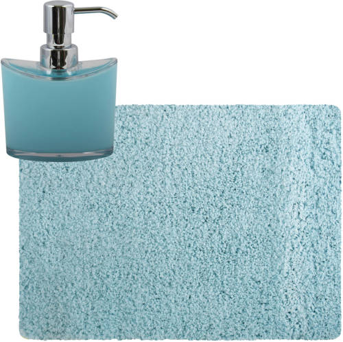 MSV badkamer droogloop tapijt - Langharig - 50 x 70 cm - incl zeeppompje 260 ml - lichtblauw - Badmatjes