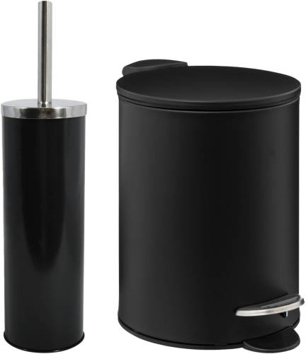 Spirella MSV Badkamer accessoires set - zwart - metaal - pedaalemmer 3L en toiletborstel in houder - Toiletborstels