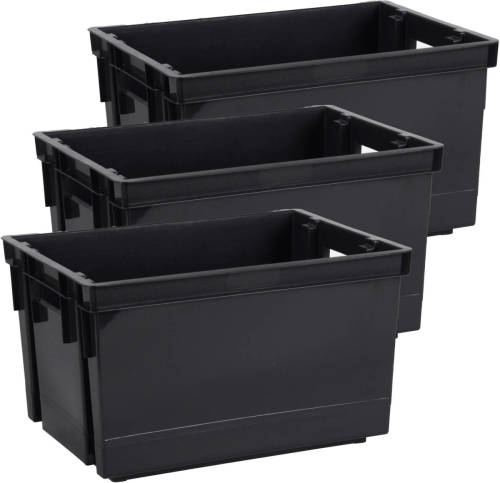 EDA Opbergbox/opbergkrat 20 L - 3x - zwart - kunststof - 39 x 29 x 23 - stapelbaar/nestbaar - Opbergbox