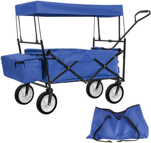 Tectake ® - Bolderkar transportkar bolderwagen strandkar + draagtas en dak - Opvouwbaar - blauw - balastbaarheid 80kg