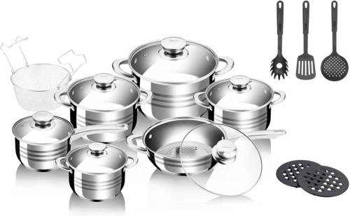 Swiss Pro+ Pannenset - 18-delig - Inclusief onderzetters en deksels en keukengerei - Zilver
