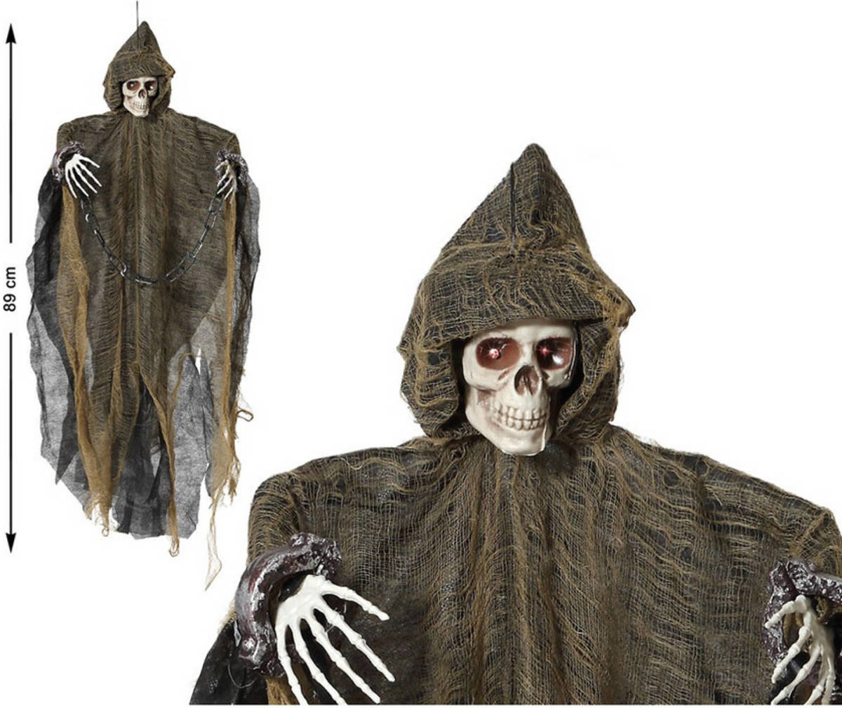 Atosa Horror hangdecoratie spook/geest/skelet pop met licht en geluid met geluidssensor 89 cm - Halloween poppen
