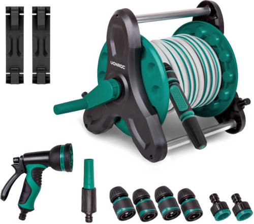 VONROC Slanghaspel set - Incl. 15m tuinslang, 3 spuitstukken, slangkoppelingen & kraanaansluiting