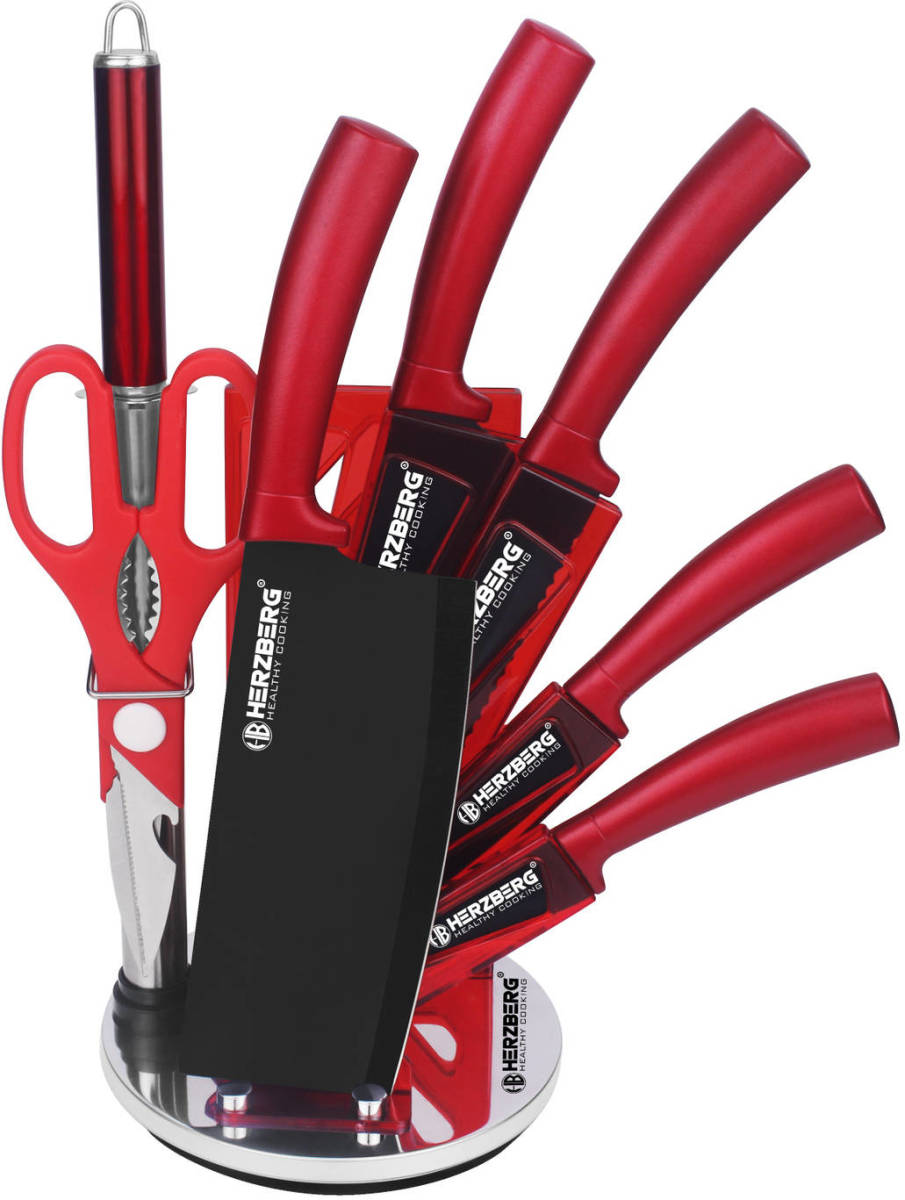 Herzberg 8 Pieces Knife Set with Acrylic Stand - Red