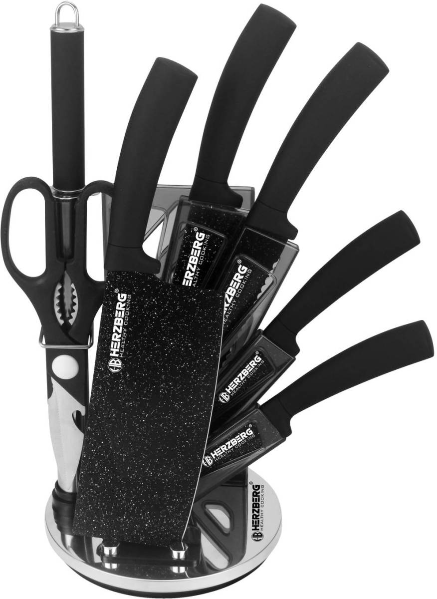 Herzberg 8 Pieces Knife Set with Acrylic Stand - Black Marble