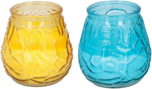 Arti Casa 4x stuks citronella Lowboy tafelkaarsen - 10 cm - geel en blauw glas - geurkaarsen