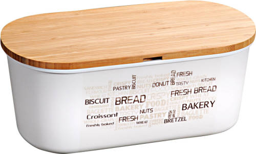 Kesper Witte brood bewaarbak/bewaardoos met bamboe houten snijplank deksel - Broodtrommels