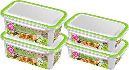 Hega Hogar 4x Voedsel plastic bewaarbakjes 1,5 en 2 liter transparant/groen - Vershoudbakjes