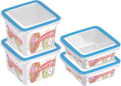 Hega Hogar 4x Voedsel plastic bewaarbakjes 1 en 2 liter transparant/blauw - Vershoudbakjes