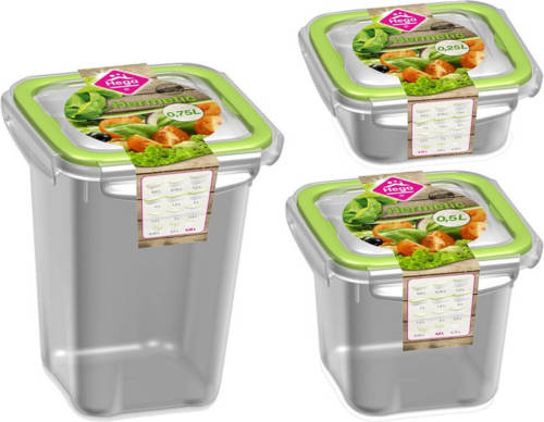 Hega Hogar 3x Voedsel plastic bewaarbakjes 250ml, 500ml en 750ml transparant/groen - Vershoudbakjes