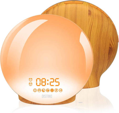 DistinQ Wake-Up Light - Houtkleurig - Wekkerradio met dubbele wektijd - USB aansluiting